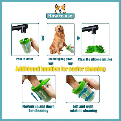Dog Paw Cleaner Brush with Handle, Green, Large (for Medium Large Breed Dogs, Includes 2 Absorbent Towels & 2 Adjustable Dog Bath Brushes for Short and Long Hair Pet)
