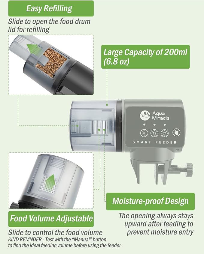 AquaMiracle Automatic Fish Feeder for Aquarium, Auto Fish Food Dispenser with Timer, Volume Adjustable Vacation Aquarium Feeder, for Granules Pallets Strips