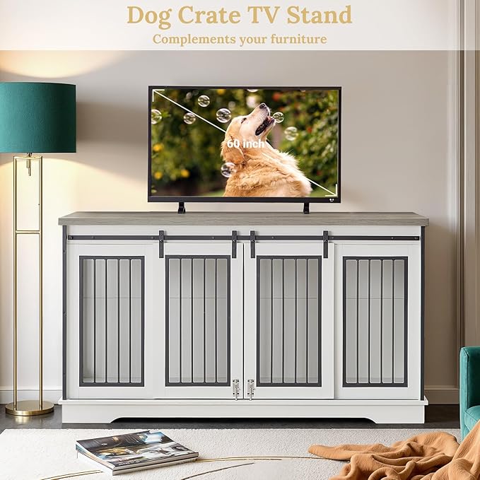 Rovibek 60.6" Double Dog Crate Furniture, Large Dog Kennel Furniture TV Stand for 2 Dogs, Furniture Style Dog Crates End Table, Wood Crates for Dogs White