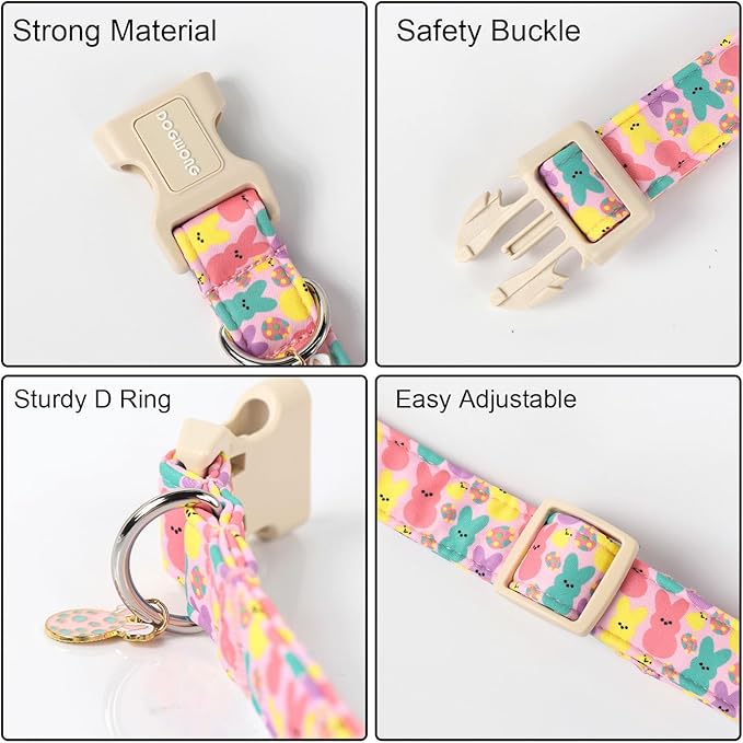 DOGWONG Easter Dog Collar - Cute Bunny Eggs Pink Babbit Pet Collar for Girls, Puppies - Adjustable Soft for Large Dogs