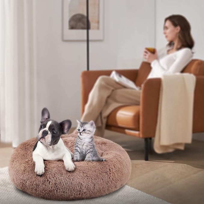 Dog Beds for Medium Dogs Washable Donut French Bulldog Ded Calming Cat Bed for 2 Cats 30 Inches Fluffy Cozy Puppy Bed Washable Anti Anxiety Brown