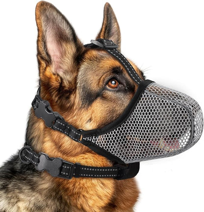 Dog Muzzle,Mesh Soft Muzzle for Small Medium Large Sized Dogs, Breathable Reflective Adjustable Puppy Muzzles with Collar for Scavenging Grooming Biting Chewing,Allows Panting and Drinking(Grey XL)