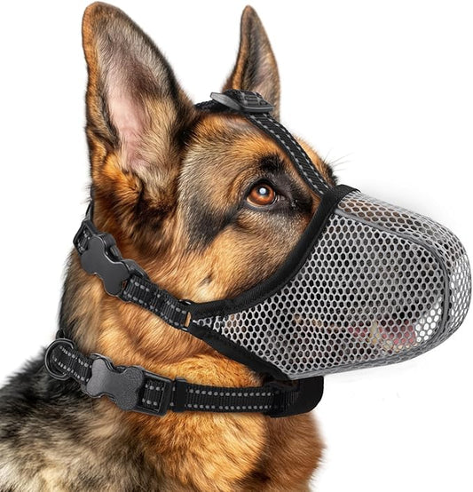 Dog Muzzle,Mesh Soft Muzzle for Small Medium Large Sized Dogs, Breathable Reflective Adjustable Puppy Muzzles with Collar for Scavenging Grooming Biting Chewing,Allows Panting and Drinking(Grey XL)
