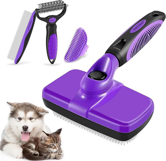 Dog Brush Kit  4-in-1 Grooming Set with Self-Cleaning Slicker Brush & Undercoat Rake for Small, Medium & Large Long-Haired Dogs, Cats & Pets, Reduces Shedding, Tangles & Mats, Easy to Use