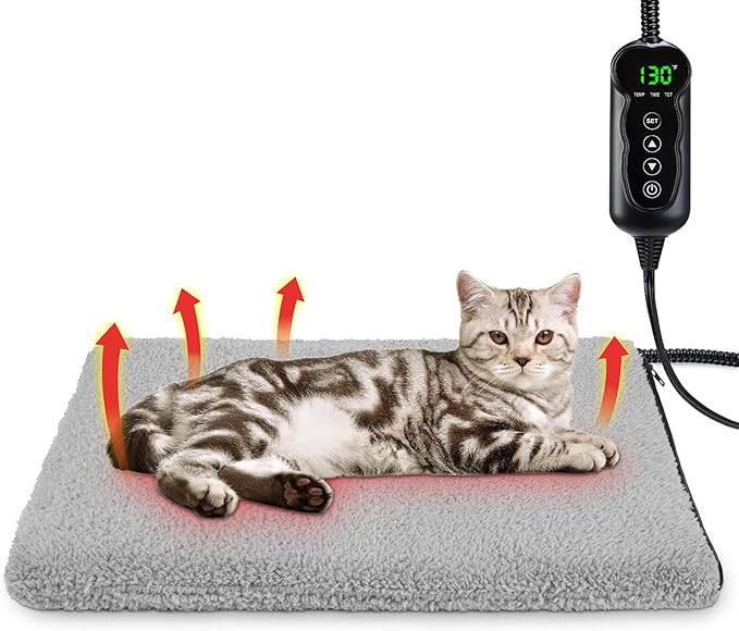 Heated Cat Bed, 11 Adjustable Temperature Pet Heating Pad Indoor for Dogs Cats Heating Mat with Timer, Auto Power Off, Electric Pet Heating Pad for Cat House (Grey, S(18" x 16"))