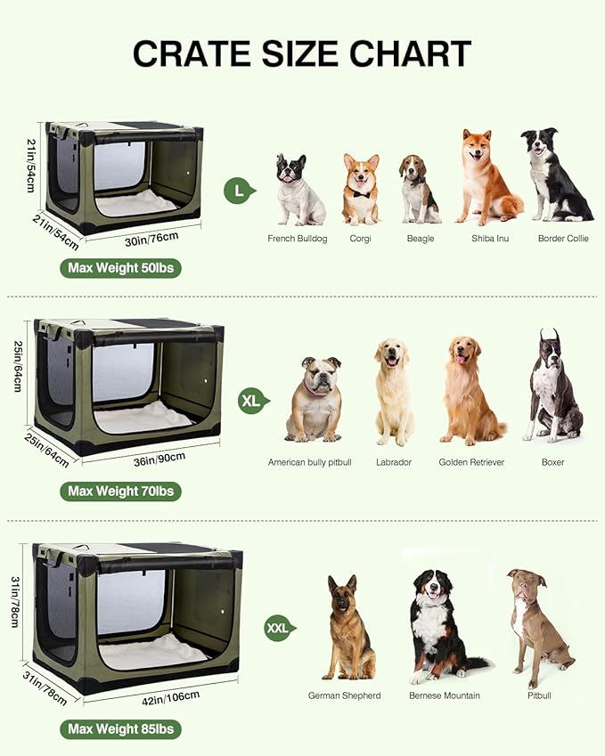 36 Inch Collapsible Travel Dog Crate for Medium Large Dogs, Portable Dog Crate 4-Door Foldable Soft Kennel with Chew-Proof Mesh Windows for Indoor & Outdoor Travel,with Storage Bag,Green