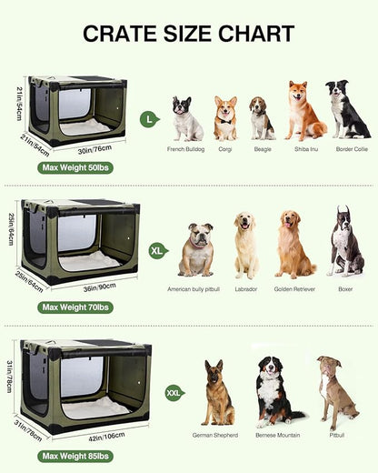 30 Inch Collapsible Travel Dog Crate for Medium Large Dogs, Portable Dog Crate 4-Door Foldable Soft Kennel with Chew-Proof Mesh Windows for Indoor & Outdoor Travel,with Storage Bag,Green