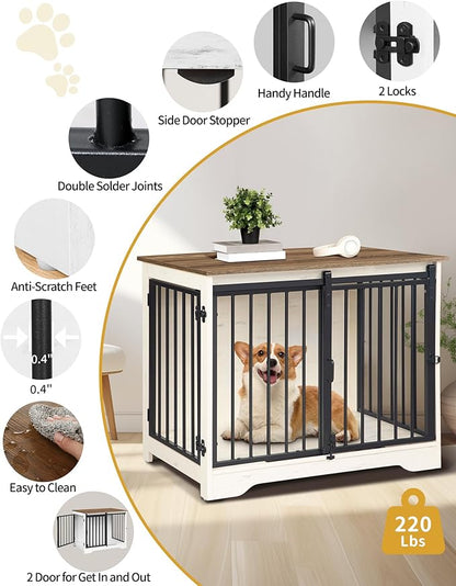 Dog Crate Furniture, 32" Double Door Dog Crate with Barn Door, Dog Kennel Indoor, End Side Table Wooden Dog Crates for Small Medium Large Dogs, Anti-Chew Anti-Escape, White Brown DFC83614B