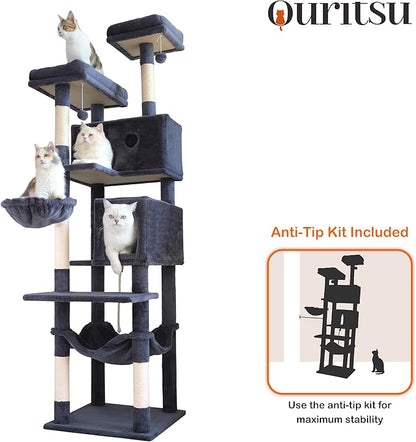 Ouritsu Cat Tree, 73.6 inch Tall Cat Climbing Tower for Large Cat Indoor with 2 Large Condos, 2 Widened Perches, Sisal Covered Scratching Posts, 2 Hammocks, Dark Gray, XLF001DG