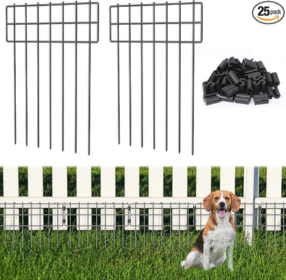 25 Pack Animal Barrier Fence, 17 in(H) X 27 Ft(L) No Dig Garden Decorative Fencing, Rustproof Metal Wire Panel Garden Fence Border for Dog Rabbits Ground Stakes Fence and Outdoor Landscape Patio