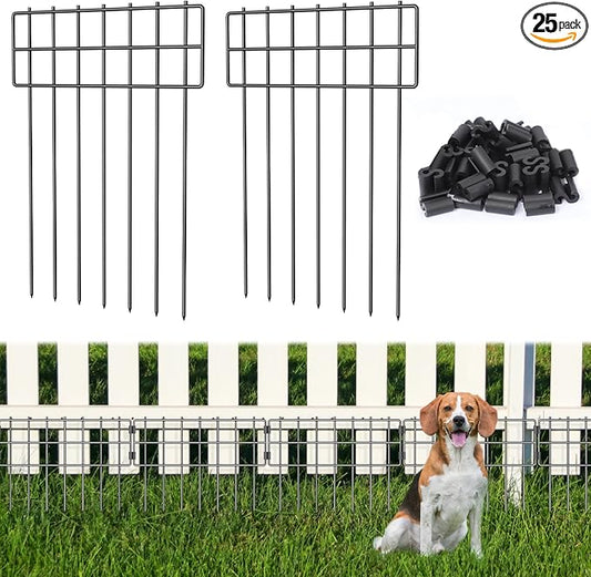 25 Pack Animal Barrier Fence, 17 in(H) X 27 Ft(L) No Dig Garden Decorative Fencing, Rustproof Metal Wire Panel Garden Fence Border for Dog Rabbits Ground Stakes Fence and Outdoor Landscape Patio