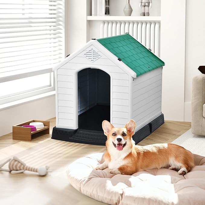 DWVO Robust Weatherproof Dog House, Indoor & Outdoor Safe Haven for Small to Medium Dogs, Easy Assembly & Cleaning (28.5''L*26''W*28''H, Green)