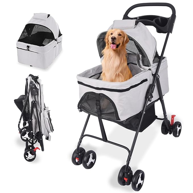 3 in 1 Dog Stroller, 4 Wheels Pet Stroller Dog Cat Stroller for Medium Small Dog Cats Up to 50lbs, Foldable Carrier Jogger Travel Puppy Stroller with Cup Holder & Breathable Mesh, Grey