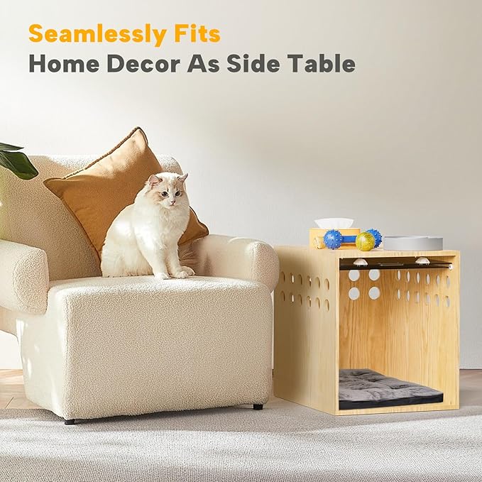 Dog Crate Furniture, SAUCE ZHAN Dog Kennel with Cushion for Small/Medium Dogs, End Side Table Wooden Crate for Pets Indoor, Wood Color