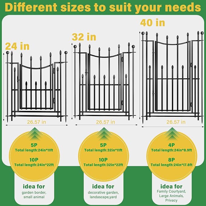 5 Panels No Dig Decorative Garden Fence with Gate, 32in(H) _ 11ft(L) Heavy-Duty Rustproof Metal Panels, Outdoor Dog Barrier for Yard & Patio, Landscape, Border| Portable Temporary Fencing