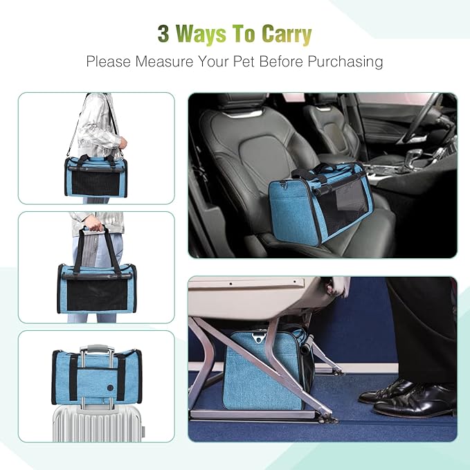 YUDODO 25 lbs Lightproof Pet Carriers Airline Approved Dog Cat Travel Soft Sided Carrier Reflective Mesh Safe Pet Cat Carrier Foldable Portable Small Animal Rabbit Puppy Cat Carrier (Large, Lake blue)