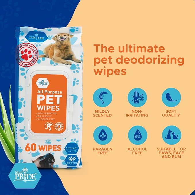 MED PRIDE Pet Wipes for Dogs & Cats [Pack of 60]- Hypoallergenic Cleaning Deodorizing Dog Wipes with Aloe Vera- Alcohol and Paraben-Free Pet Wipes- Extra Soft Cat Bathing Wipes for Fur