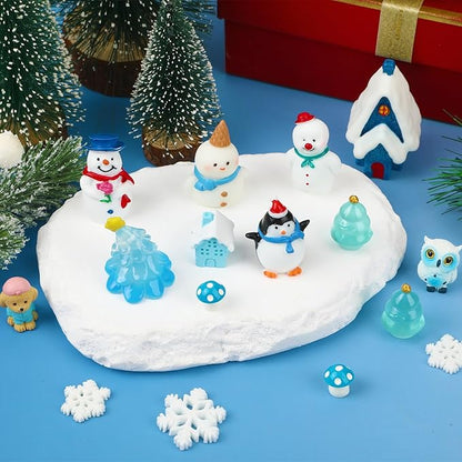 56 Pcs Winter Mini Resin Animals, Winter Miniature Blue Figures Tiny Resin Snowman Penguin Snowflake Duck Elk Christmastree for DIY Winter Snow Globes Crafts Fairy Garden Home Decor