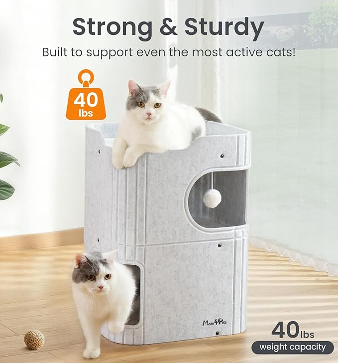 Made4Pets Cat House for Indoor Use, 2-Storey Cube Bed Cave, Covered Hideaway Condo with Scratch-Resistant Felt, Foldable Easy-to-Clean Design for Multi-Cat Homes, Marble White