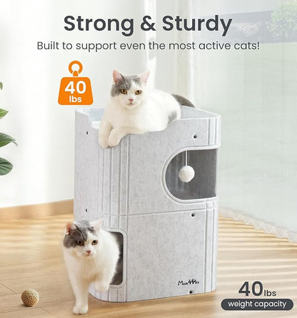 Made4Pets Cat House for Indoor Use, 2-Storey Cube Bed Cave, Covered Hideaway Condo with Scratch-Resistant Felt, Foldable Easy-to-Clean Design for Multi-Cat Homes, Marble White