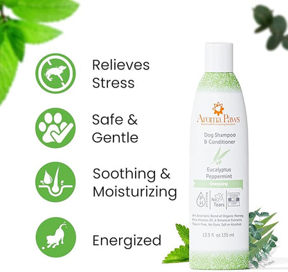Dog Shampoo and Conditioner - Aromatic Tearless Shampoo for Cleansing, Grooming, and Conditioning - Moisturizing Shampoo for Dogs and Puppies - Eucalyptus Peppermint 13.5 oz
