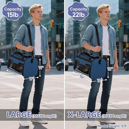 BALEINE Cat Carrier, Puppy Dog Carrier for Small Medium Pets Up to 15 Lbs, Soft-Sided Dog Travel Bag with Safety Zippers, Collapsible Pet Carrying Case (Blue, L, 17"x11"x11")