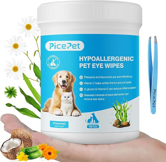 Hypoallergenic Eye Wipes for Dog & Cats, 100 Pcs Plant-Based Tear Stain Remover for Discharge, Crust, Allergies, Itching, Unscented, Double Layer, Made in PRC