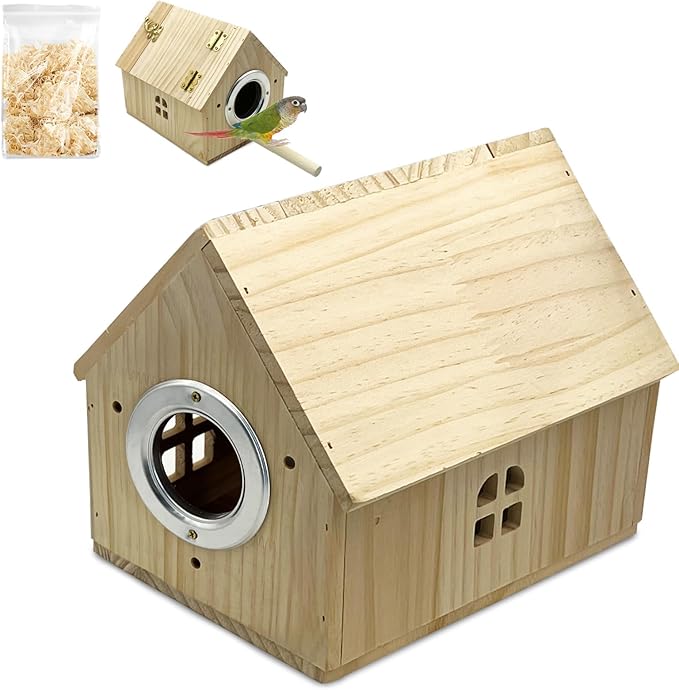 PINVNBY Parakeet Nesting Box Wooden Bird House for Cage Parrot Breeding Mating Box for Lovebirds CockatielFinch Cockatoo Canary and Small and Medium-Sized Birds (L: 7.91 * 6.81 * 6.69 inch)