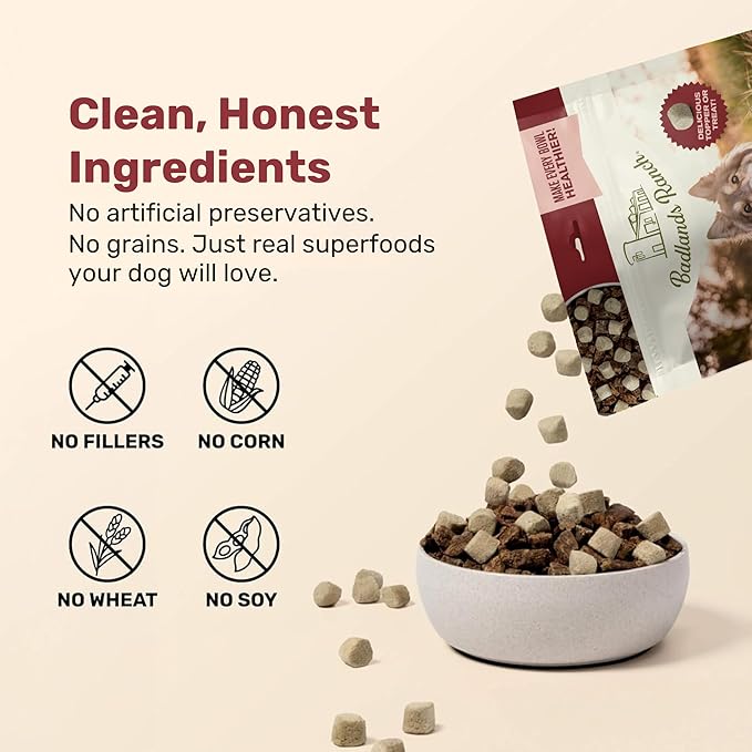 BADLANDS RANCH Superfood Nuggets – Freeze-Dried Raw Dog Food Topper/Treat. Nutrient-Dense Bison & Kale Formula. No Artificial Additives. Premium 8oz Bags – 4-Pack Bundle