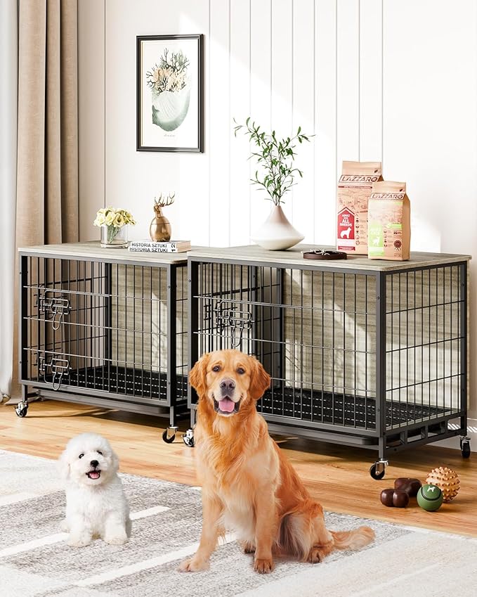 Dog Crate Furniture, 32" Dog Kennel End Table, Wooden Dog Cage with Wheels & Double Doors, Dog Crate Indoor Dog House for Large Medium Dogs, Rustic Grey