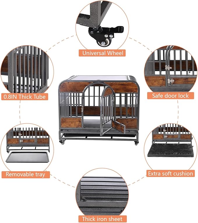 46in Heavy Duty Dog Crate for Extra Large Dogs, Dog Kennel Indoor with Removable Trays, Enclosed Design withlockable Wheels, Chew Proof Pet Cage House Indoor, Brown