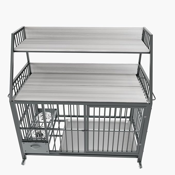 KEIKI 47 Inch Dog Crate Furniture for Large Medium Dogs, with Storage Shelves and Bowls, Indoor Dog Cage with 360° Caster Wheels & Flip-top Plate, Grey