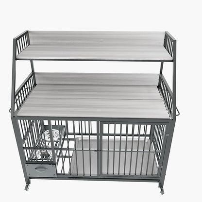 KEIKI 47 Inch Dog Crate Furniture for Large Medium Dogs, with Storage Shelves and Bowls, Indoor Dog Cage with 360° Caster Wheels & Flip-top Plate, Grey