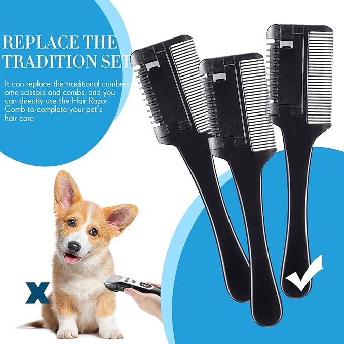 3 Pcs Pet Grooming Razor Comb with 50 Replacement Blades - Double Sided Hair Trimmer, Cutter and Scissors Tool for Dogs and Cats(Black)