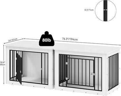 YITAHOME 76 Inch Double Dog Crate Furniture, XXL Dog Crate Furniture for 2 Dogs, Side End Table, Waterproof Top, Safety Corners, 2-in-1 Iron-Wood Fusion Dog Kennel Furniture for 2 Large Dogs,White