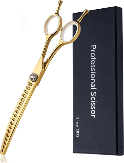 7" Downward Curved Dog Grooming Scissors for Grooming Face and Paws Safety Dog Chunker Trimming Cutting Shears for Dog Cat Pet Grooming Gold