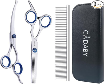 3 in 1 Dog Grooming Scissors Kit with Safety Round Tips, Professional Dog Grooming Scissors, 4CR Stainless Steel Pet Grooming Shears for Dog, Cat,Sharp and Sturdy