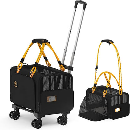 PAWZIDEA Cat Carrier with Wheels 18X11X11 TSA Airline Approved Cat Carrier for 2 Cats Under Seat Rolling Cat Carrier Travel Bag with Telescopic Handle, Shoulder Strap as Dog Leash, Black