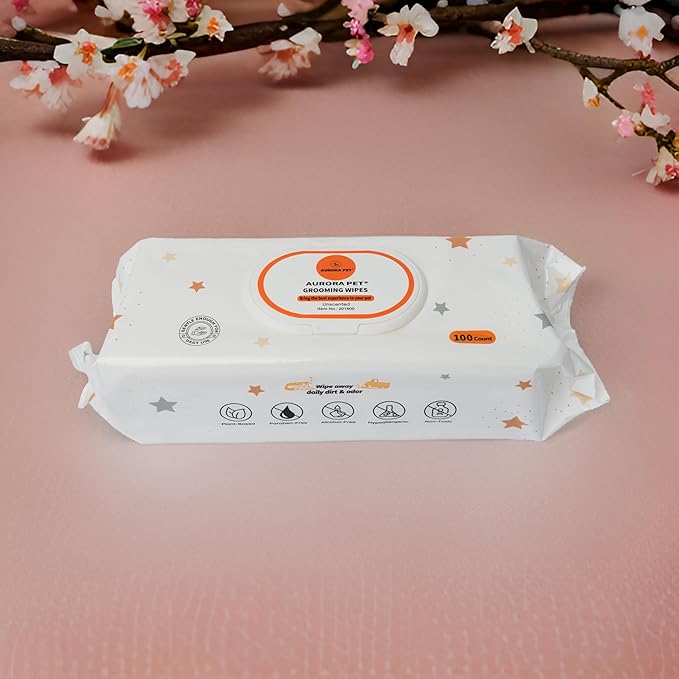 Aurora Pet Wipes – 100% Natural, Plant-Based Hypoallergenic Grooming Wipes for Dogs & Cats – Extra-Durable, Large & Thick for Effortless Cleaning (Unscented, 100 Count)