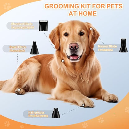 4 in 1 Dog Grooming Kit with USB-C Charging, Paw Trimmer for Small Dogs, Cats, Pet Hair Clippers Dog Nail Grinder, Low Noise Cordless Hair Trimmer with 2 Speed Modes