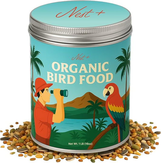 100% Organic Parrot Food – Premium Bird Seed Mix with Oat Groats, Buckwheat, Amaranth, Super Veggies & Seeds – Reusable Tin + Stainless-Steel Scooper – Made in USA, Human Grade Ingredients (1lb)