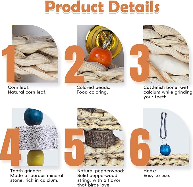 PINVNBY 3 Pack Parrot Toys Chewing Bird Toy Cuttlebone Beak Grinding Stone Cage Hanging Toys with Bell for African Greys Amazon Conure Eclectus Budgies Parakeet Cockatiel Hamster Chinchilla