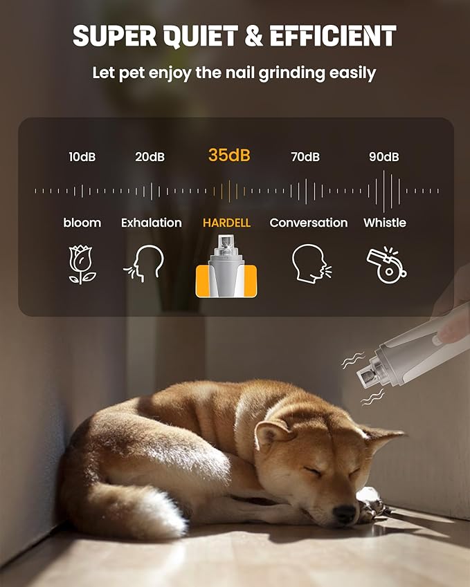 HARDELL Dog Nail Grinder, Super Quiet Dog Nail Trimmers with 2 LED Lights & 3 Grinding Ports, USB Rechargeable and Cordless Safety Dog Nail Clippers Kit for Small Medium Dogs/Cats & Puppy