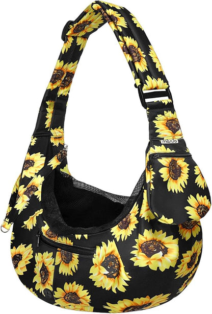 MOSISO Dog Cat Carrier Sling Bag, Small Pet Carrier Sunflower Tote Bag Hands Free Adjustable Padded Strap Breathable Polyester Soft Carrying Travel Shoulder Bag with Front Pocket for Dogs Cats, Black