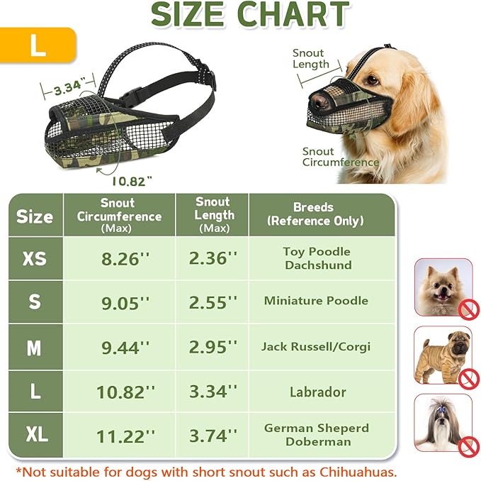 Dog Muzzle for Large Medium Small Dogs, Soft Mesh Muzzle for Dogs with Reflective Adjustable Strap, Prevent Biting Chewing and Licking, Dog Nose Open Design for Reduction Friction (Camo, L)