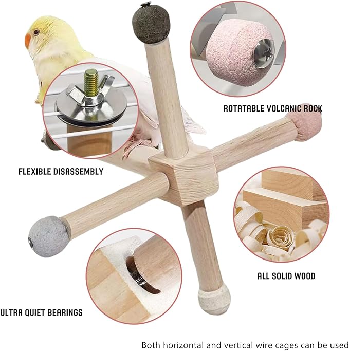Bird Perch - 360° Rotating Interactive Perch for Cage, Natural Lava Rock for Claw & Beak Grinding, Safe Non-Toxic Wood, Multi-Position Play, Parakeet perches for cage, for Small/Medium Birds