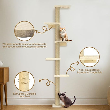 PAWSCRAT Wall-Mounted Cat Tree, 5 Tier Floor to Ceiling Cats Tower, 80 Inch Wall-Mounted Cat Scratching Post, Space Saving Cat Furniture and Easliy Climb for All Cats, Beige