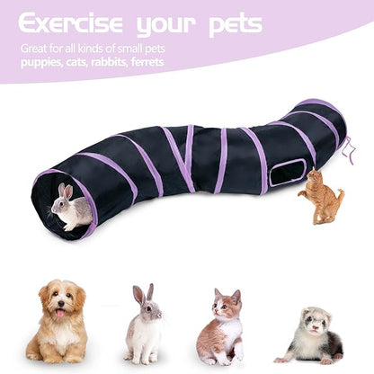 Sheldamy Cat Tunnel, S-2-Way Cat Tunnels for Indoor Cats, Collapsible Cat Play Tunnel, Interactive Toy Maze Cat House with 1 Play Ball for Cats, Puppy, Kitty, Kitten, Rabbit (Pink & Black)