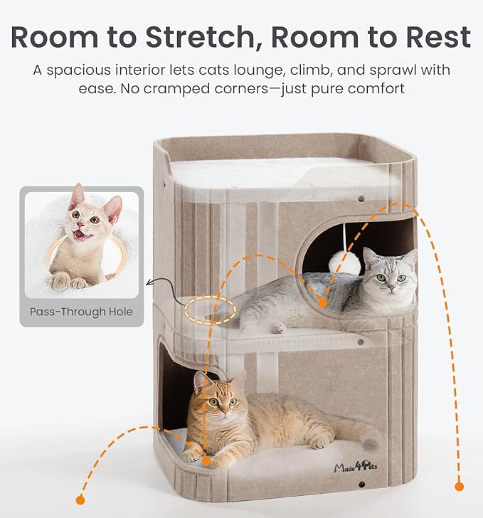 Made4Pets Cat House for Indoor Use, 2-Storey Cube Bed Cave, Covered Hideaway Condo with Scratch-Resistant Felt, Foldable Easy-to-Clean Design for Multi-Cat Homes, Beige