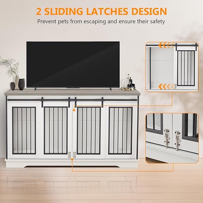 60.6 Inch Double Dog Crate with Divider, 2-in-1 Heavy Duty Dog Crate TV Stand with 2 Sliding Doors and Thick Iron, Indoor Dog House for 2 Dogs (White)